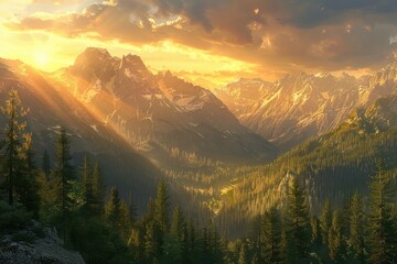 A mountainous landscape bathed in the golden light of the setting sun, with towering peaks casting long shadows over valleys dotted with evergreen trees.