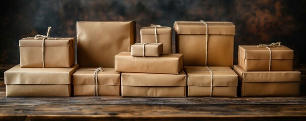 Stack of brown paper packages on a table