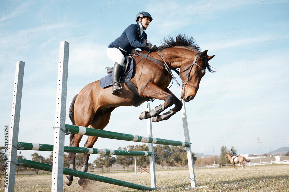 Poster Show jumping, woman and horse on ranch or farm for fitness, training and event or competition. Sport, animal and movement in countryside for course, dressage and performance in arena in Texas