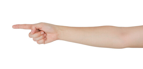 hand pointing, hand showing something on transparency background png, side view, 