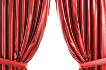 The red curtains are hanging open, revealing a white background