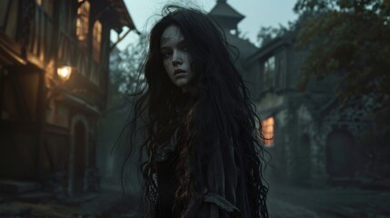 A woman with long black hair standing in front of a building