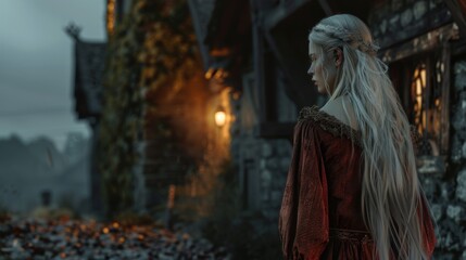 A woman in a red dress standing in front of a building