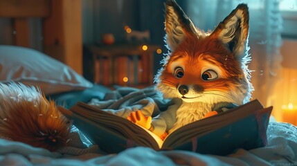 A cute fox snuggles under a blanket and reads a book by the warm glow of a fireplace.