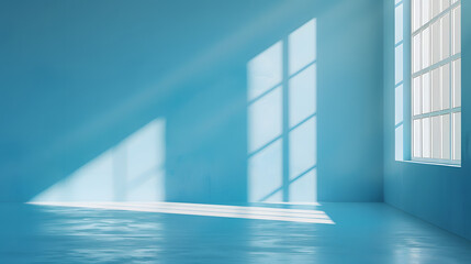 Obraz premium Minimalistic simple abstract light blue background for product presentation. Shadow and light from window on wall