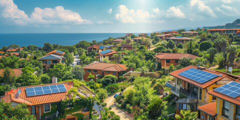 Obraz premium Aerial View of a Coastal Village with Solar-Powered Rooftops. This aerial photograph captures a picturesque coastal village where every rooftop is adorned with solar panels