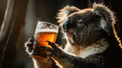 A Koala Bear enjoys a refreshing beer.  The Koala is holding the glass with its paws and looking at the beer.