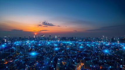 Obraz premium A city landscape is depicted with glowing blue network connections connecting various areas, symbolizing the use of AI in urban planning for futuristic technology and smart cities.