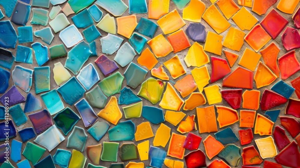 Poster design an abstract background featuring a mosaic of small, colorful tiles in a random pattern to cre