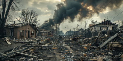 Fototapeta premium A desolate scene of a destroyed town with a lot of debris and smoke