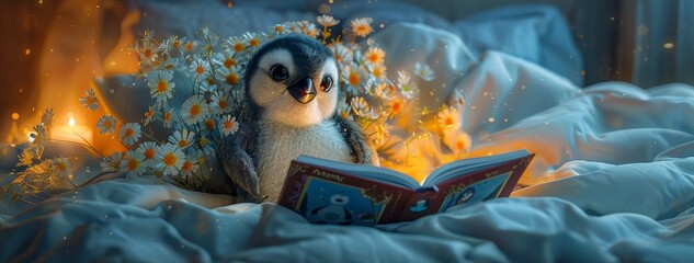 A penguin reads a book in bed, surrounded by flowers and warm light.