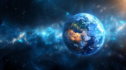Obraz premium Conceptual image of a global network over Earth, visualizing global connectivity and data exchange with a vibrant space background.