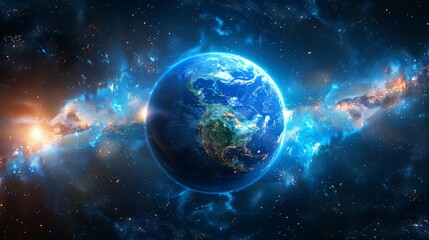 Fototapeta premium Conceptual image of a global network over Earth, visualizing global connectivity and data exchange with a vibrant space background.