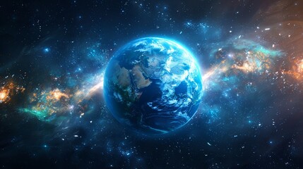 Fototapeta premium Conceptual image of a global network over Earth, visualizing global connectivity and data exchange with a vibrant space background.