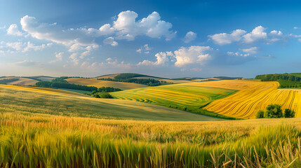Obraz premium Natural landscape with green grass, field of Golden ripe wheat and blue sky with horizon line. Colorful summer panorama of combination of yellow and green fields