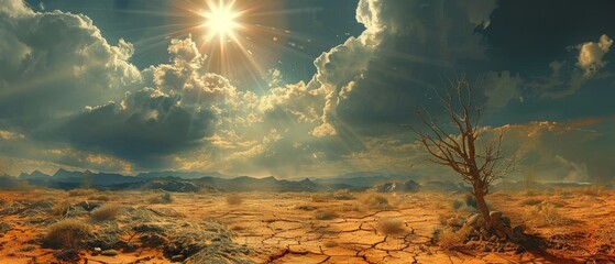 A single, dead tree stands in a barren desert landscape under a bright sun and cloudy sky.