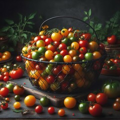 Harvest of colorful small round cherry tomatoes in a dark wire metal basket, a mix of genes from wild currant tomatoes and garden tomatoes.