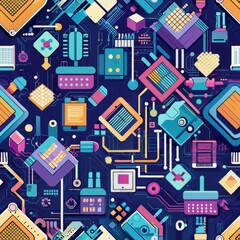 Seamless pattern of glitched-out circuitry and electronic components, perfect for a tech-inspired design, Generative AI