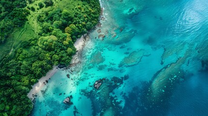Design an aerial perspective of a tropical island, surrounded by crystal-clear turquoise waters, coral reefs, and lush greenery, highlighting the natural beauty and isolation.