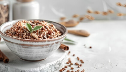 Board with bowl of tasty buckwheat porridge on white table