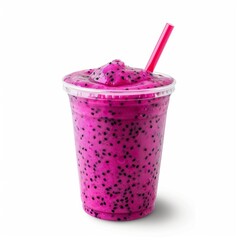 A refreshing exotic dragon fruit smoothie in a clear cup.