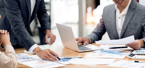 Business people in office workplace collaboration, discussing and planning sales, research or...