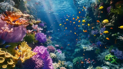 Design an aerial scene of a vibrant coral reef, showing the diverse marine life and the colorful underwater landscape, emphasizing the beauty and fragility of coral ecosystems.