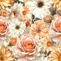 A high-definition floral pattern with peach and white blooms