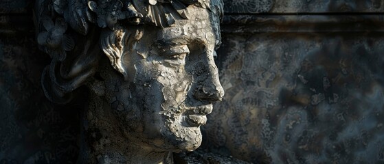 Close-up of a weathered stone sculpture of a face.