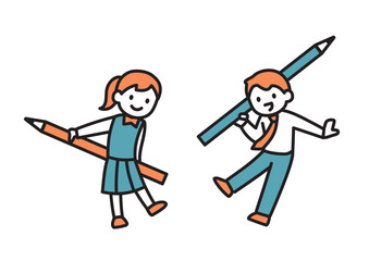 鉛筆を持ってポーズをとる男子生徒と女子生徒のシンプルなイラスト