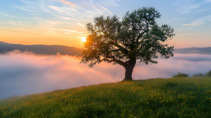 Oak, sunrise, fog, morning, spring, nature reserve, Grohberg, Faulbach, Miltenberg, Untermain, Main...