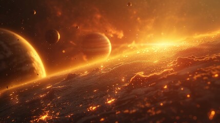 Stunning depiction of a fiery extraterrestrial landscape with molten surfaces under a dramatic sky.