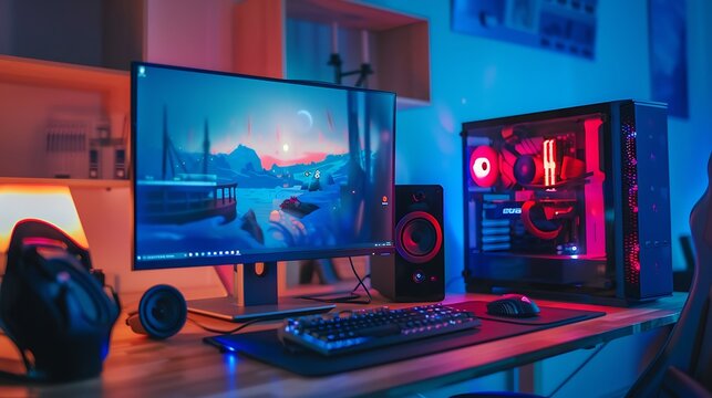 Modern Minimalist Gaming Setup on Wooden Desk with Focal Point on Clean White Walls, Blurred Gaming PC and RGB Lights in Daylight