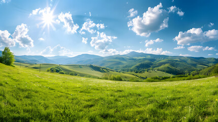 Obraz premium panorama of beautiful countryside of romania. sunny afternoon. wonderful springtime landscape in mountains. grassy field and rolling hills. rural scenery