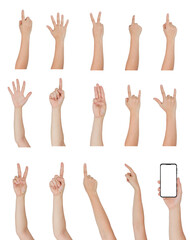 Collection of hands gesture raising, pointing with  transparency png background, front view clean professional image 