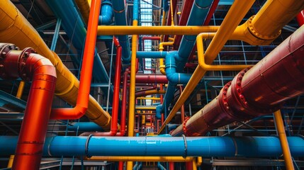 Complex Network of Industrial Pipes. A detailed view of a colorful and complex arrangement of industrial pipes at a large facility, highlighting engineering and infrastructure.