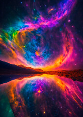 Aurora Boreal, paisaje épico de fantasía, colores vibrantes, creado con IAS, cielo y mar, circulo de colores
