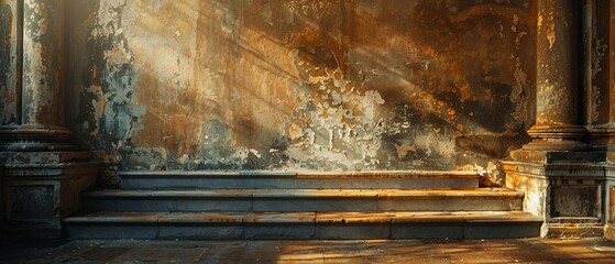Stone steps leading to an old, weathered doorway with sunlight streaming through.