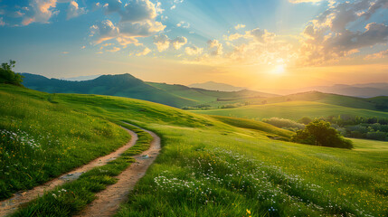 Obraz premium Picturesque winding path through a green grass field in hilly area in morning at dawn against blue sky with clouds. Natural panoramic spring summer landscape