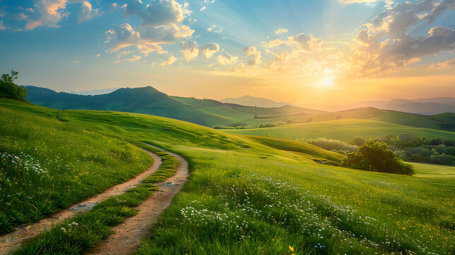 Picturesque winding path through a green grass field in hilly area in morning at dawn against blue sky with clouds. Natural panoramic spring summer landscape