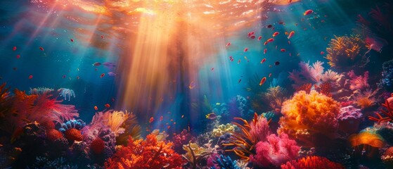 Vibrant coral reef bathed in sunlight, showcasing a kaleidoscope of colors and textures.