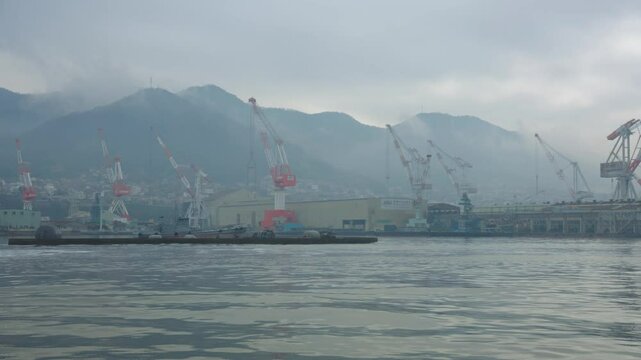 Kure City Seaside and Shipyards in Hiroshima on Rainy Day in Japan
