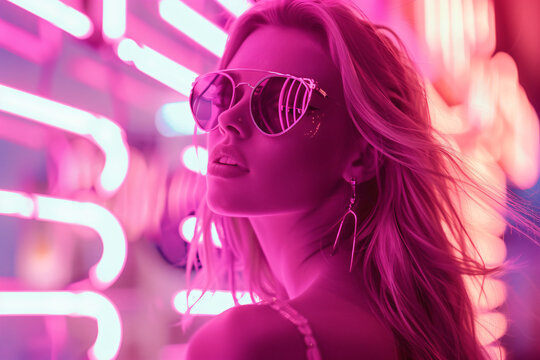 a woman wearing sunglasses in front of neon lights