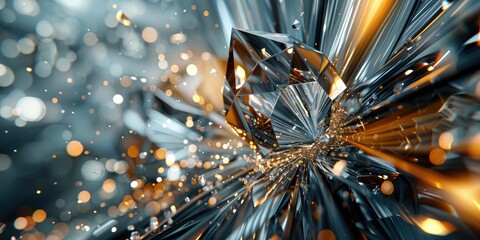 A stylized depiction of a crystal explosion with vibrant silver, blue, and orange tones creating a dynamic and electrifying atmosphere.