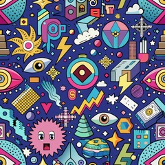 Obraz premium Seamless pattern of glitched-out symbols and icons, forming a chaotic and enigmatic visual language, Generative AI 