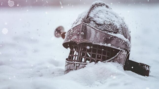 Medieval knight helmet resting on a pristine snow surface, juxtaposing ancient valor with wintry tranquility
 Seamless looping 4k time-lapse virtual video animation background. Generated AI