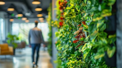 Fototapeta premium A modern, eco-friendly office environment promoting employee health, featuring a lush living green wall, natural light, and ergonomic furniture designed for comfort and productivity.