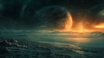A dynamic space scene featuring a large moon surrounded by swirling golden galactic elements.