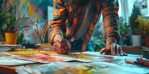 Artist creating colorful watercolor paintings on a cluttered desk with plants. Creative workspace filled with inspiration and artistic materials.