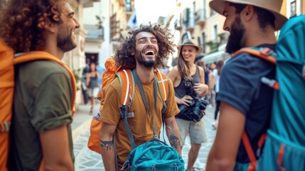 Obraz premium Young men in sun hats travel through city streets for leisure